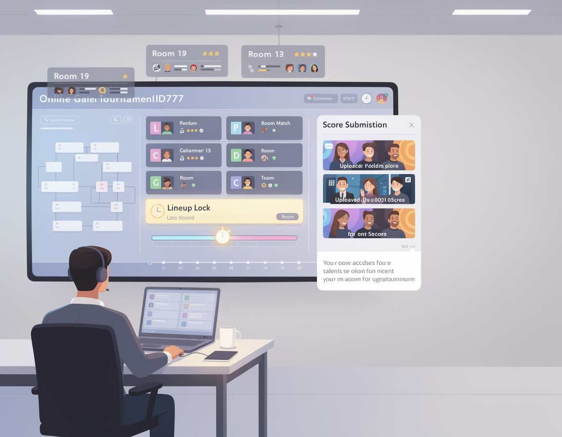 Ilustrasi alur admin room saat lineup lock terlambat untuk turnamen game online id777 dengan bracket, room match, dan bukti skor